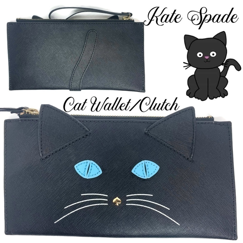 Kate Spade Cat Black Blue Eyed Wallet Clutch EUC